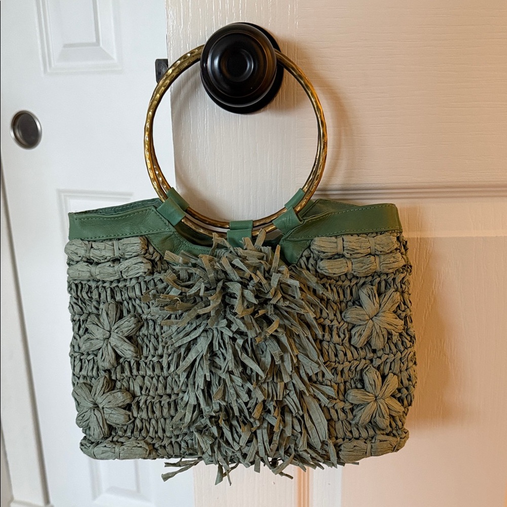 Anthropologie Green Woven Floral Fringe Tote with Gold Rings